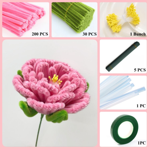 230 PCS * Pipe Cleaner Chenille Stems Handmade Peony Flower Making Kit DIY Art Flower Bouquet Craft Set Hot Glue Sticks Tape