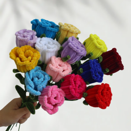 20 PCS * Handmade Pipe Cleaner Rose Flower Green Leaves Artificial Simulation Flower Indoor Home Desktop Party Wedding Decor