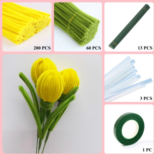 260 PCS * Pipe Cleaner Chenille Stems Handmade Tulip Flower Making Kit DIY Art Flower Bouquet Craft Set Hot Glue Sticks Tape