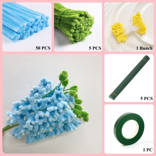 55 PCS * Pipe Cleaner Chenille Stems Handmade Lily of the Valley Cluster Making Kit DIY Art Flower Bouquet Craft Set Hot Glue Sticks Tape