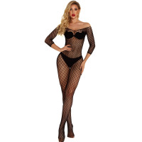 Women's Black Sexy Fishnet Long Sleeve Body Stockings Off Shoulder Bodysuit