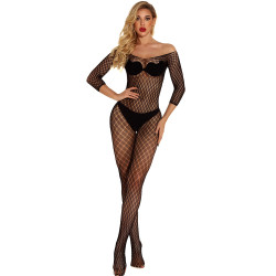 Women's Black Sexy Fishnet Long Sleeve Body Stockings Off Shoulder Bodysuit Women's Black Sexy Fishnet Long Sleeve Body Stockings Off Shoulder Bodysuit