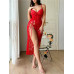 Sexy Lingerie Deep V-neck Sleevelesss High Split Lace Long Nightwear Sleepwear