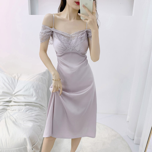 Women's Sexy Lingerie V-neck Lace Off Shoulder Long Sleeping Skirt Dress