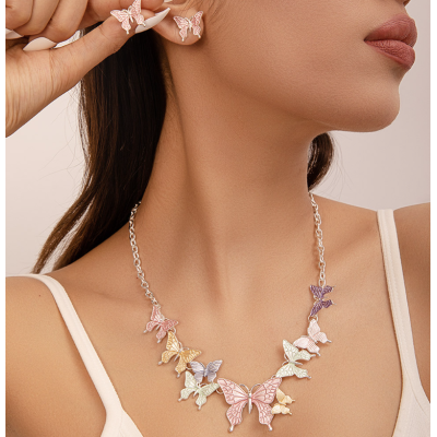 Women's Butterfly Necklace and Earrings Multicolour Wedding Jewelry Luxury Crystal Pearl Necklace /Earrings Ladies Jewelry Sets