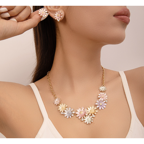 Women's Flower Necklace and Earrings Multicolour Wedding Jewelry Luxury Crystal Pearl Necklace /Earrings Ladies Jewelry Sets - 794677171941