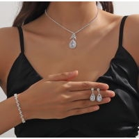 Women's Silver Color Fashion Wedding Jewelry Luxury Crystal Pearl Necklace/Earrings/Bracelet Ladies Jewelry Sets for Bridal