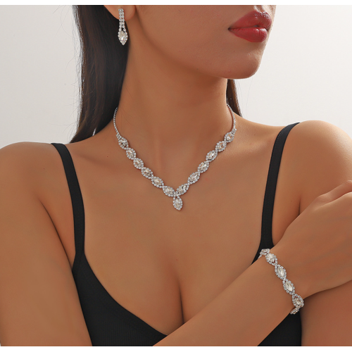 Women's Silver Color Fashion Wedding Jewelry Luxury Crystal Pearl Necklace/Earrings/Bracelet Ladies Jewelry Sets for Bridal - 794677171972