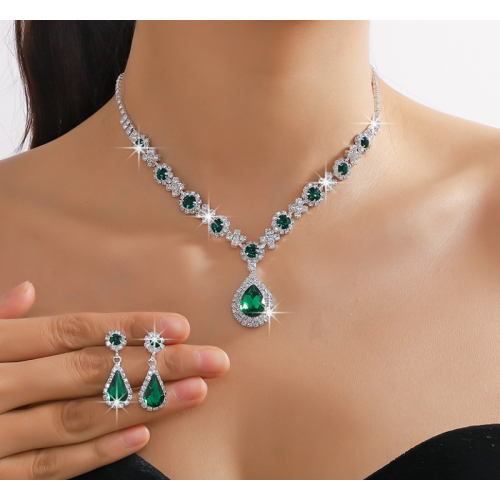 Women's Green Color Fashion Wedding Jewelry Luxury Crystal Pearl Necklace/EarringsLadies Jewelry Sets for Bridal - 794677171945