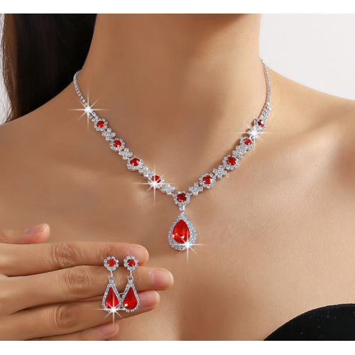Women's Red Color Fashion Wedding Jewelry Luxury Crystal Pearl Necklace/EarringsLadies Jewelry Sets for Bridal - 794677171946