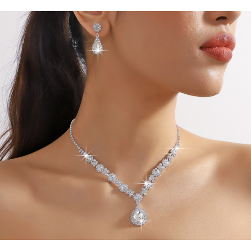 Women's White Color Fashion Wedding Jewelry Luxury Crystal Pearl Necklace/EarringsLadies Jewelry Sets for Bridal - 794677171947