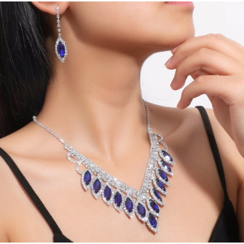 Women's Blue Fashion Wedding Jewelry Luxury Crystal Pearl Necklace/EarringsLadies Jewelry Sets for Bridal - 794677171948