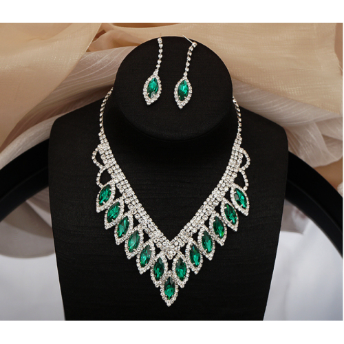 Women's Green Fashion Wedding Jewelry Luxury Crystal Pearl Necklace/EarringsLadies Jewelry Sets for Bridal - 794677171949