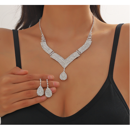 Women's Silver Fashion Wedding Jewelry Luxury Crystal Pearl Necklace/Earrings Ladies Jewelry Sets for Bridal - 794677171952