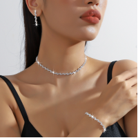Women's Silver Fashion Wedding Jewelry Luxury Crystal Pearl Necklace/Earrings Ladies Jewelry Sets for Bridal
