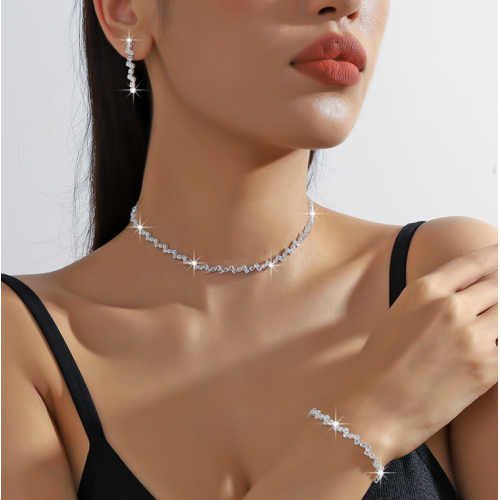 Women's Silver Fashion Wedding Jewelry Luxury Crystal Pearl Necklace/Earrings Ladies Jewelry Sets for Bridal - 794677171973