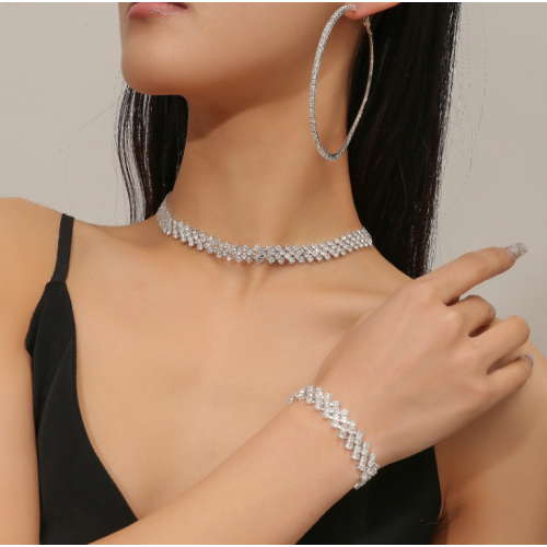 Women's Silver Color Fashion Wedding Jewelry Luxury Crystal Pearl Necklace/Earrings/Bracelet Ladies Jewelry Sets for Bridal - 794677171975