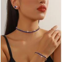 Women's Blue Color Fashion Wedding Jewelry Luxury Crystal Pearl Necklace/Earrings/Bracelet Ladies Jewelry Sets for Bridal