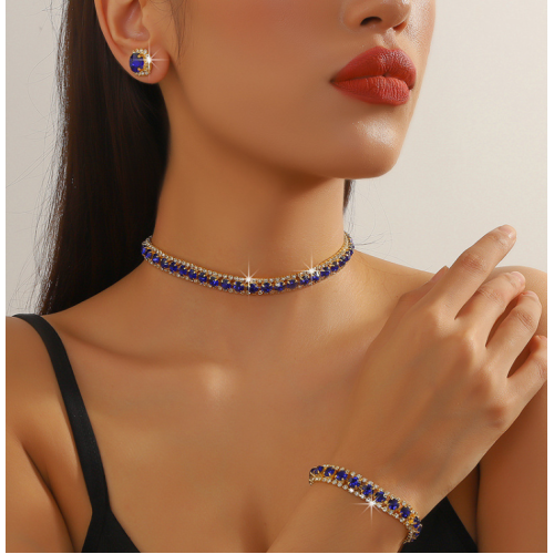 Women's Blue Color Fashion Wedding Jewelry Luxury Crystal Pearl Necklace/Earrings/Bracelet Ladies Jewelry Sets for Bridal - 794677171976
