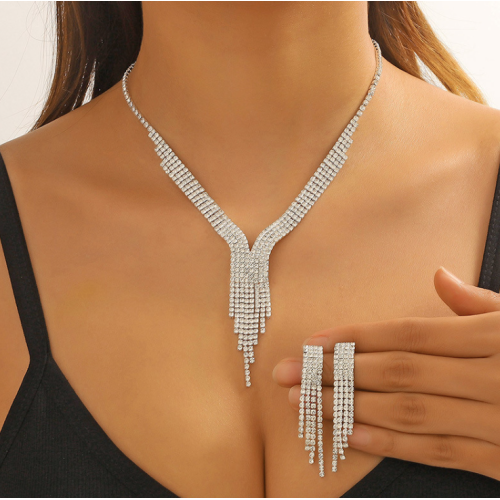 Women's Silver Fashion Wedding Jewelry Luxury Crystal Pearl Necklace/Earrings Ladies Jewelry Sets for Bridal - 794677171956
