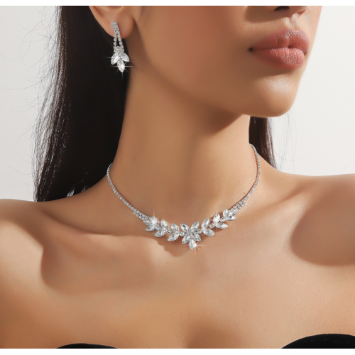 Women's Silver Fashion Wedding Jewelry Luxury Crystal Pearl Necklace/Earrings Ladies Jewelry Sets for Bridal - 794677171958