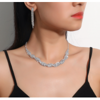 Women's Silver Fashion Wedding Jewelry Luxury Crystal Pearl Necklace/Earrings Ladies Jewelry Sets for Bridal