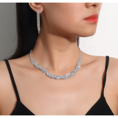 Women's Silver Fashion Wedding Jewelry Luxury Crystal Pearl Necklace/Earrings Ladies Jewelry Sets for Bridal - 794677171959