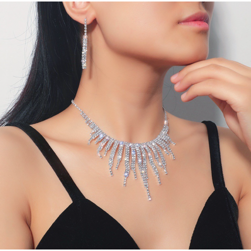 Women's Silver Fashion Wedding Jewelry Luxury Crystal Pearl Necklace/Earrings Ladies Jewelry Sets for Bridal - 794677171961