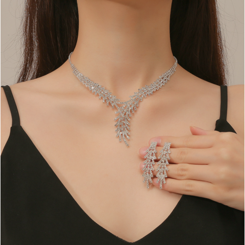 Women's Silver Fashion Wedding Jewelry Luxury Crystal Pearl Necklace/Earrings Ladies Jewelry Sets for Bridal - 794677171962