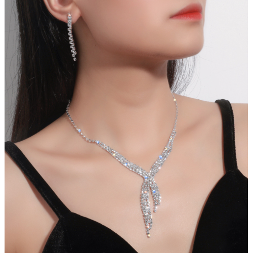 Women's Silver Fashion Wedding Jewelry Luxury Crystal Pearl Necklace/Earrings Ladies Jewelry Sets for Bridal - 794677171963