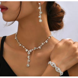 Women's Silver Color Fashion Wedding Jewelry Luxury Crystal Pearl Necklace/Bracelet/Ring/Earrings Ladies Jewelry Sets for Bridal