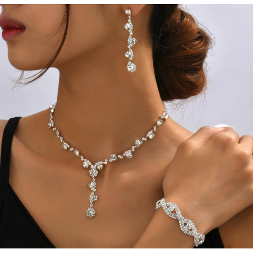 Women's Silver Color Fashion Wedding Jewelry Luxury Crystal Pearl Necklace/Bracelet/Ring/Earrings Ladies Jewelry Sets for Bridal - 794677171965