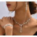Women's Silver Color Fashion Wedding Jewelry Luxury Crystal Pearl Necklace/Bracelet/Ring/Earrings Ladies Jewelry Sets for Bridal - 794677171965
