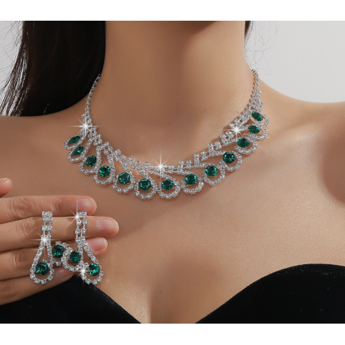 Women's Green Fashion Wedding Jewelry Luxury Crystal Pearl Necklace/Earrings Ladies Jewelry Sets for Bridal - 794677171965
