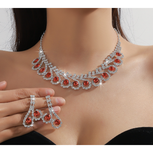 Women's Red Fashion Wedding Jewelry Luxury Crystal Pearl Necklace/Earrings Ladies Jewelry Sets for Bridal - 794677171962