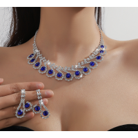Women's Blue Fashion Wedding Jewelry Luxury Crystal Pearl Necklace/Earrings Ladies Jewelry Sets for Bridal