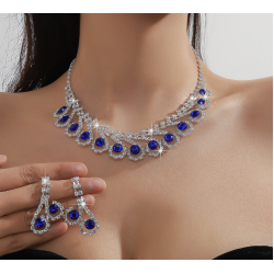 Women's Blue Fashion Wedding Jewelry Luxury Crystal Pearl Necklace/Earrings Ladies Jewelry Sets for Bridal