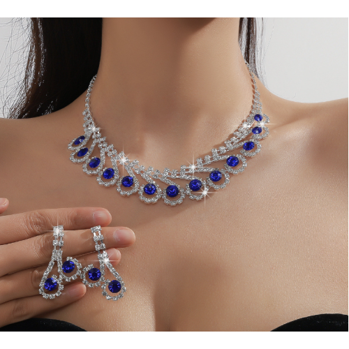 Women's Blue Fashion Wedding Jewelry Luxury Crystal Pearl Necklace/Earrings Ladies Jewelry Sets for Bridal - 794677171963