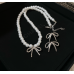Women's Silver Fashion White Pearl Butterfly Wedding Jewelry Luxury Crystal Pearl Necklace/Earrings Ladies Jewelry Sets for Bridal - 794677171964