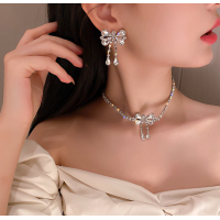 Women's White Fashion White Butterfly Wedding Jewelry Luxury Crystal Pearl Necklace/Earrings Ladies Jewelry Sets for Bridal