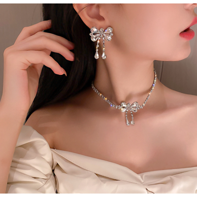 Women's White Fashion White Butterfly Wedding Jewelry Luxury Crystal Pearl Necklace/Earrings Ladies Jewelry Sets for Bridal
