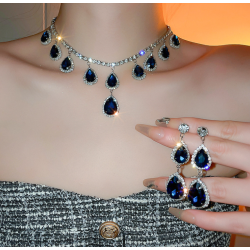 Women's Blue Fashion Wedding Jewelry Luxury Crystal Pearl Necklace/Earrings Ladies Jewelry Sets for Bridal
