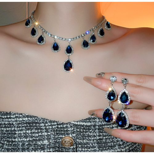 Women's Blue Fashion Wedding Jewelry Luxury Crystal Pearl Necklace/Earrings Ladies Jewelry Sets for Bridal - 794677171962