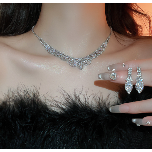 Women's White Fashion Wedding Jewelry Luxury Crystal Pearl Necklace/Earrings Ladies Jewelry Sets for Bridal - 794677171963