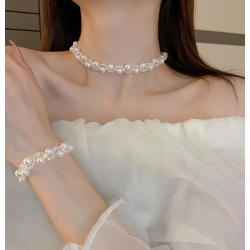 Women's Silver Pearl Fashion Wedding Jewelry Luxury Crystal Pearl Necklace/Earrings/Bracelet Ladies Jewelry Sets for Bridal