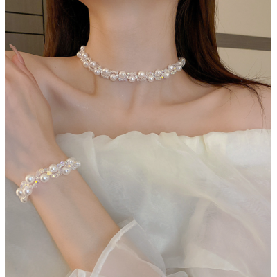 Women's Silver Pearl Fashion Wedding Jewelry Luxury Crystal Pearl Necklace/Earrings/Bracelet Ladies Jewelry Sets for Bridal