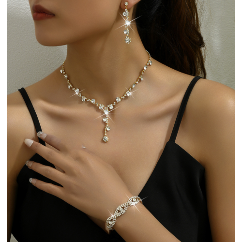 Women's Gold Color Fashion Wedding Jewelry Luxury Crystal Pearl Necklace/Bracelet/Ring/Earrings Ladies Jewelry Sets for Bridal - 794677171966
