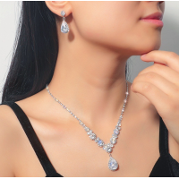 Women's Silver Color Fashion Wedding Jewelry Luxury Crystal Pearl Necklace/Earrings Ladies Jewelry Sets for Bridal