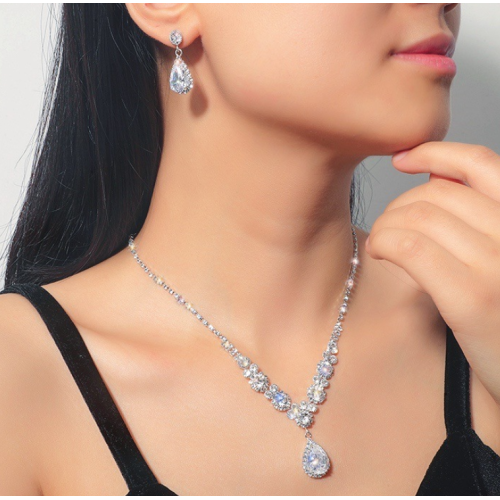 Women's Silver Color Fashion Wedding Jewelry Luxury Crystal Pearl Necklace/Earrings Ladies Jewelry Sets for Bridal - 794677171944