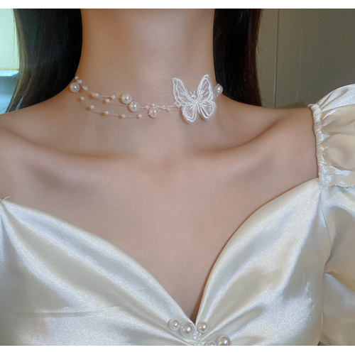 New White Pearl Butterfly Necklace Ladies Exquisite Clavicle Chain Necklace Jewelry for Ladies Gift - 794677172010